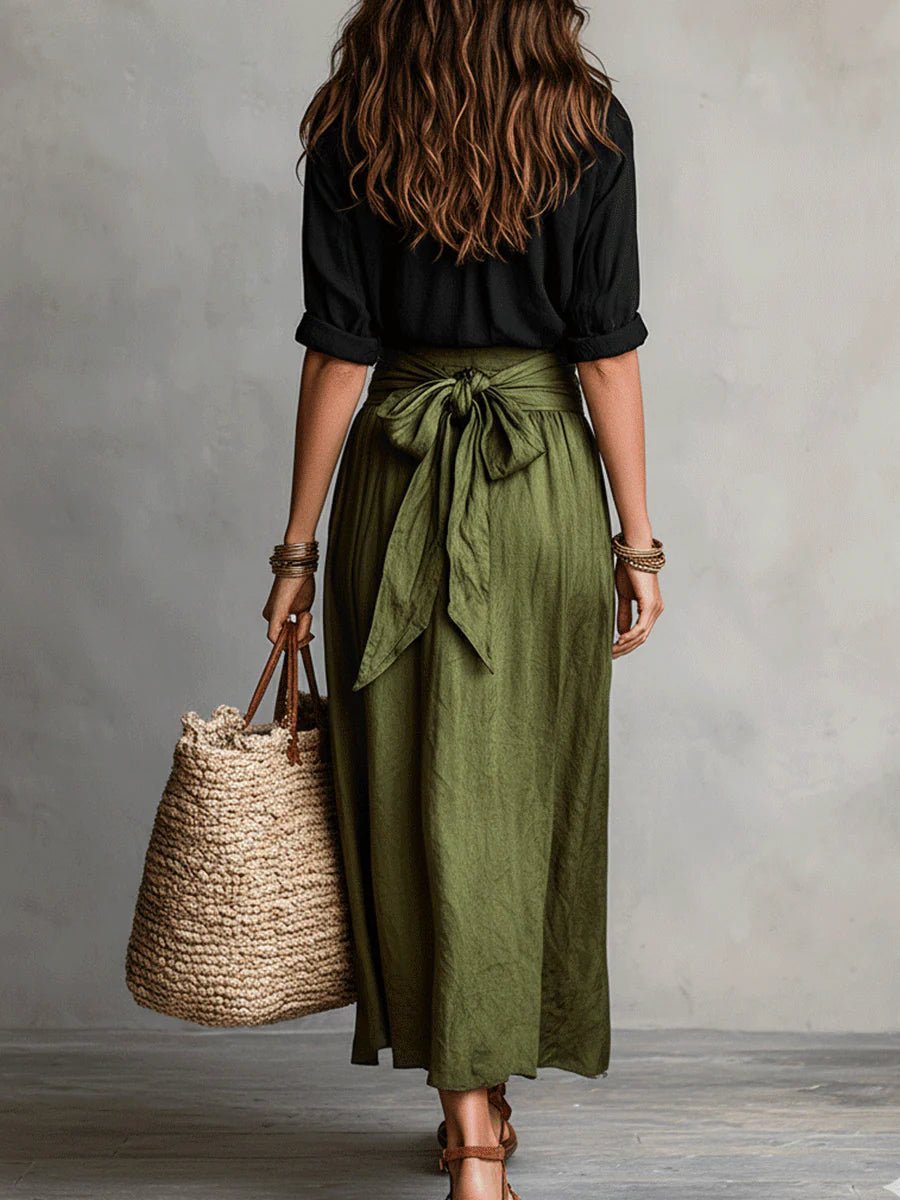 Women’s Two Piece Set Button Down Shirt High Waist Midi Skirt 2