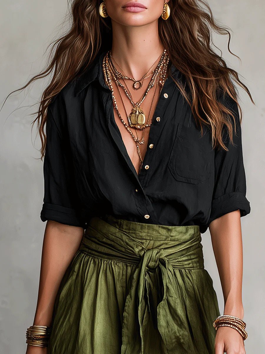 Women’s Two Piece Set Button Down Shirt High Waist Midi Skirt 3