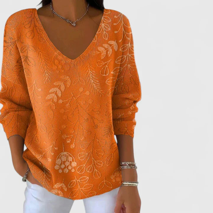 Women’s V-Neck Top Relaxed Fit Autumn Pattern 1