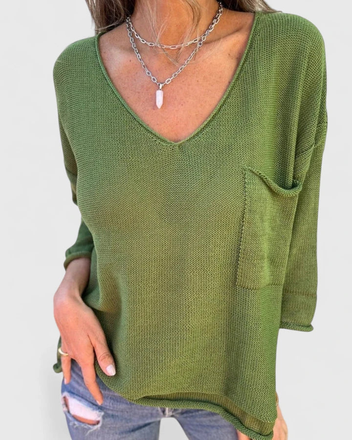 Women’s V-Neck Top with Pockets Lightweight Casual Style 1