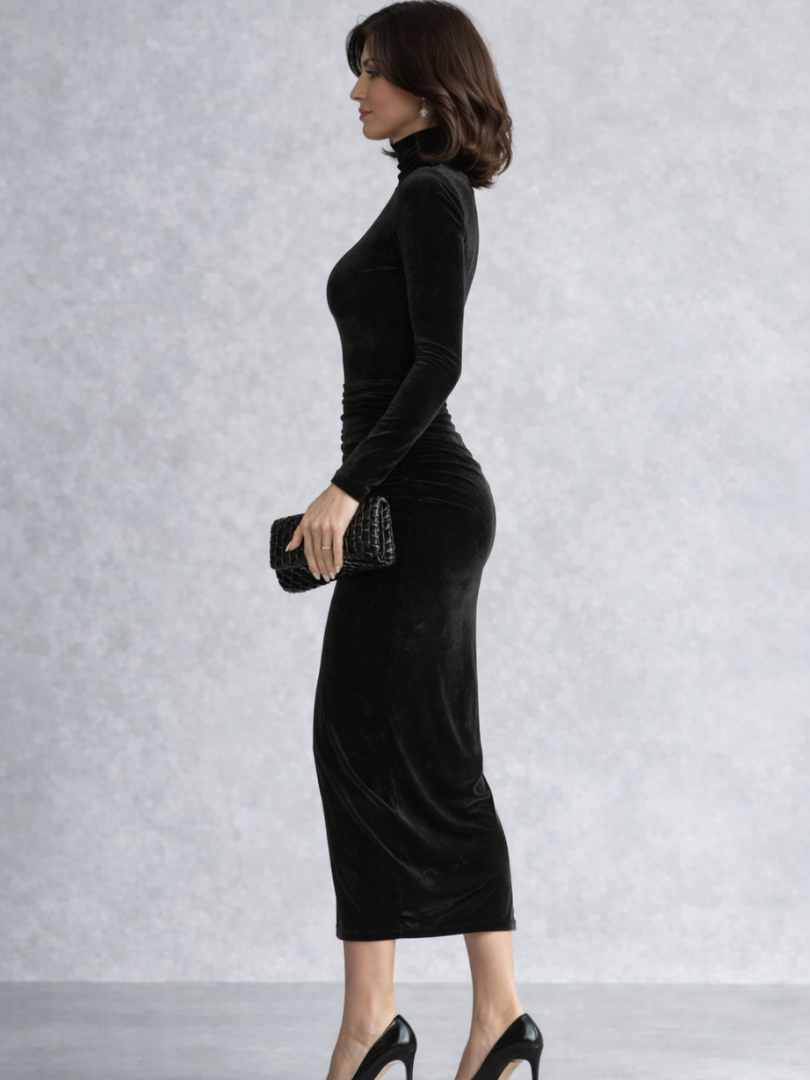 Women’s Velvet Midi Dress Ruched Design with High Neckline 1