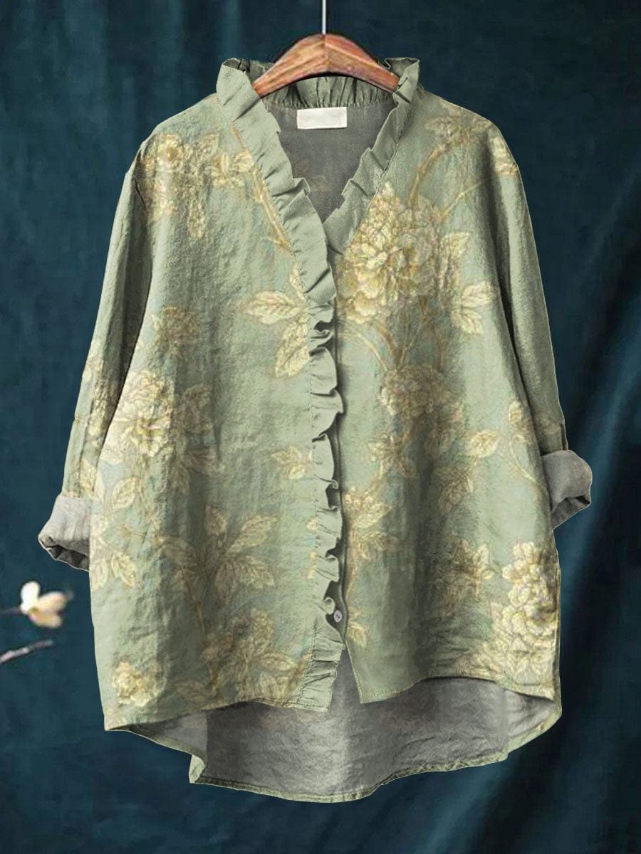 Women’s Vintage Floral Blouse Relaxed Ruffle Neck Style 0