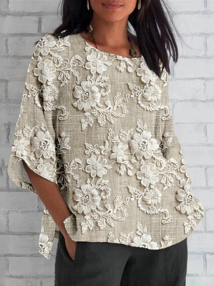 Women’s Vintage Floral Blouse Relaxed Three-Quarter Sleeve Design 0
