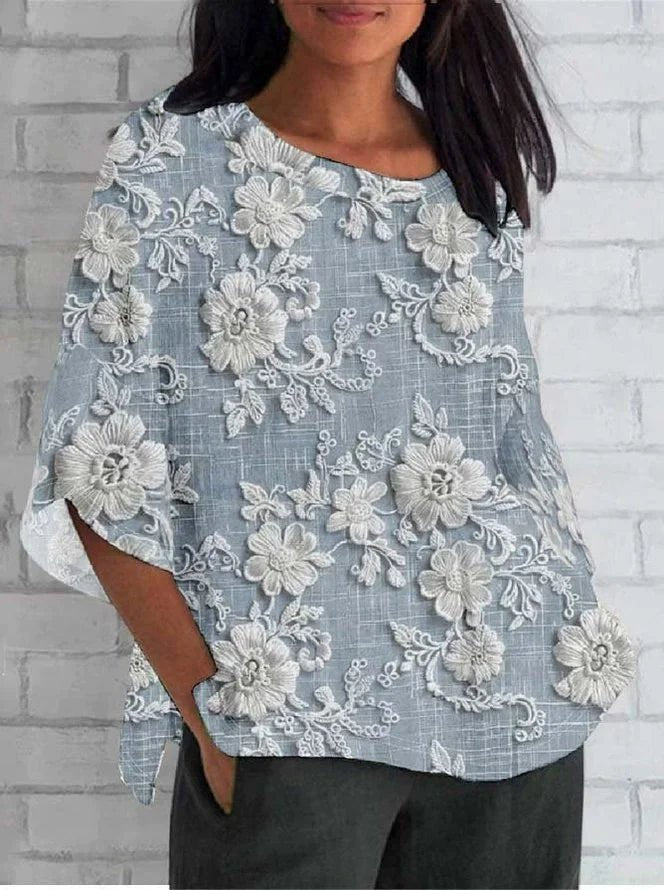 Women’s Vintage Floral Blouse Relaxed Three-Quarter Sleeve Design 1