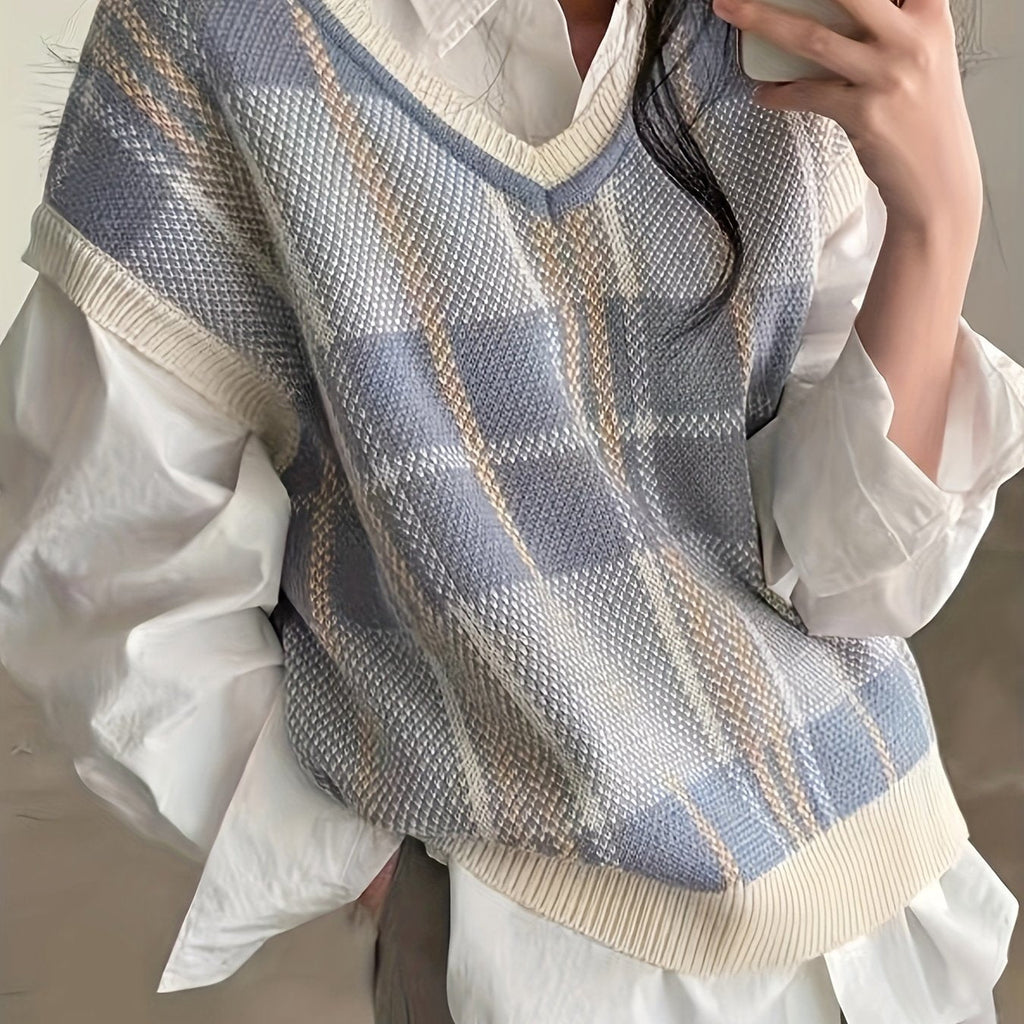 Women’s Vintage Plaid V-Neck Sweater Vest Classic Layering 0