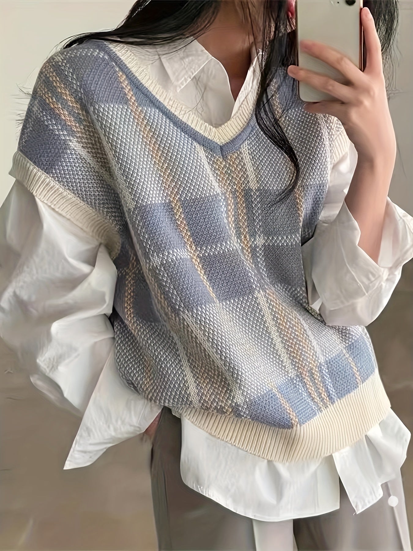Women’s Vintage Plaid V-Neck Sweater Vest Classic Layering 1
