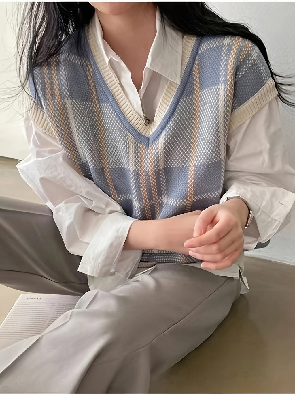 Women’s Vintage Plaid V-Neck Sweater Vest Classic Layering 3