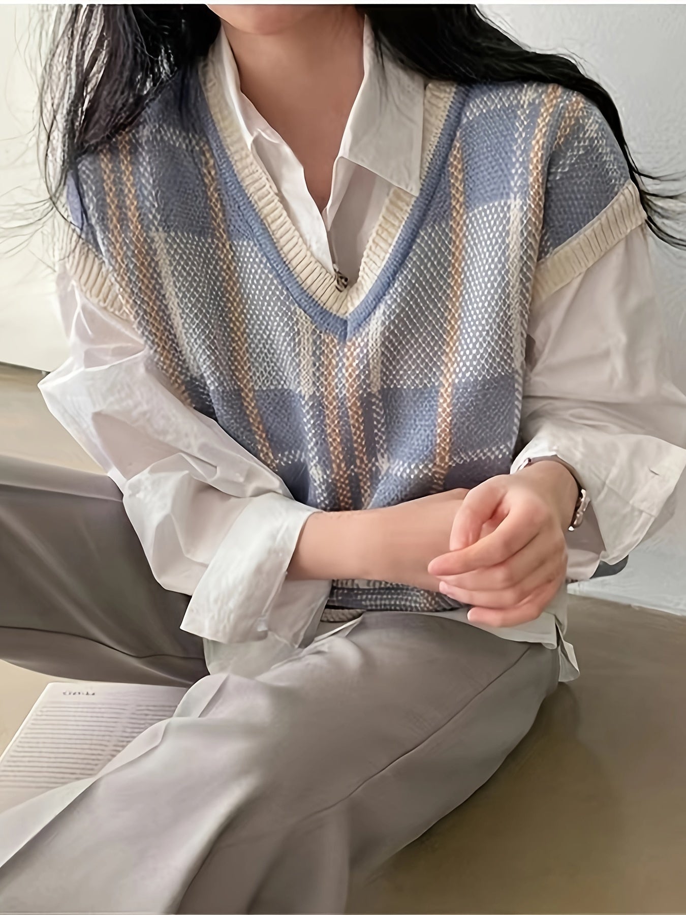 Women’s Vintage Plaid V-Neck Sweater Vest Classic Layering 3
