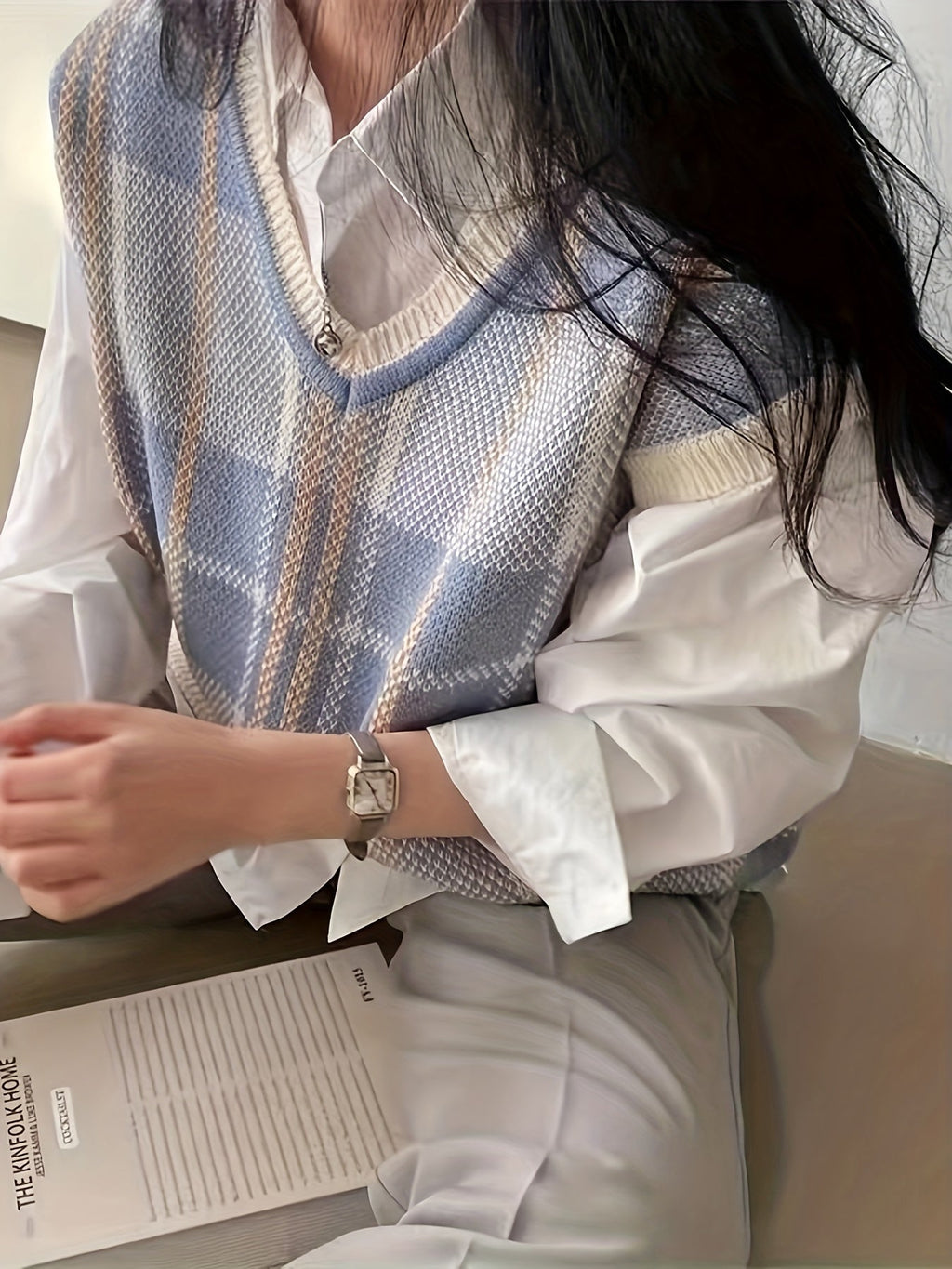 Women’s Vintage Plaid V-Neck Sweater Vest Classic Layering 4