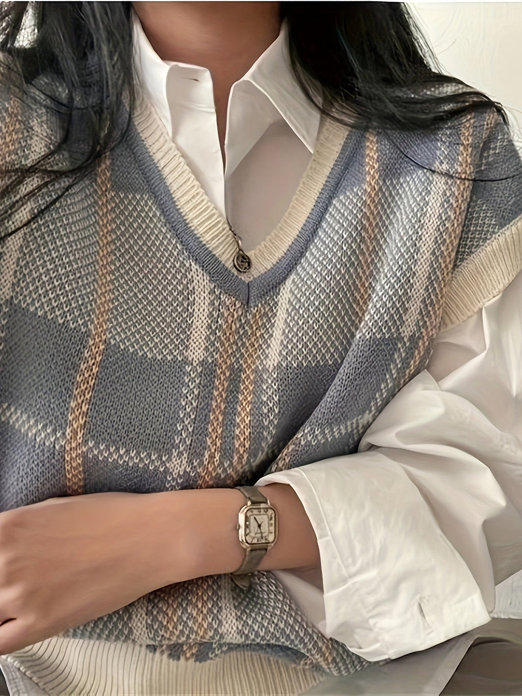 Women’s Vintage Plaid V-Neck Sweater Vest Classic Layering 5