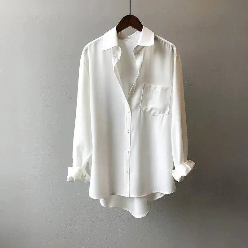 Women’s White Button-Front Blouse Relaxed Fit with Chest Pocket 0