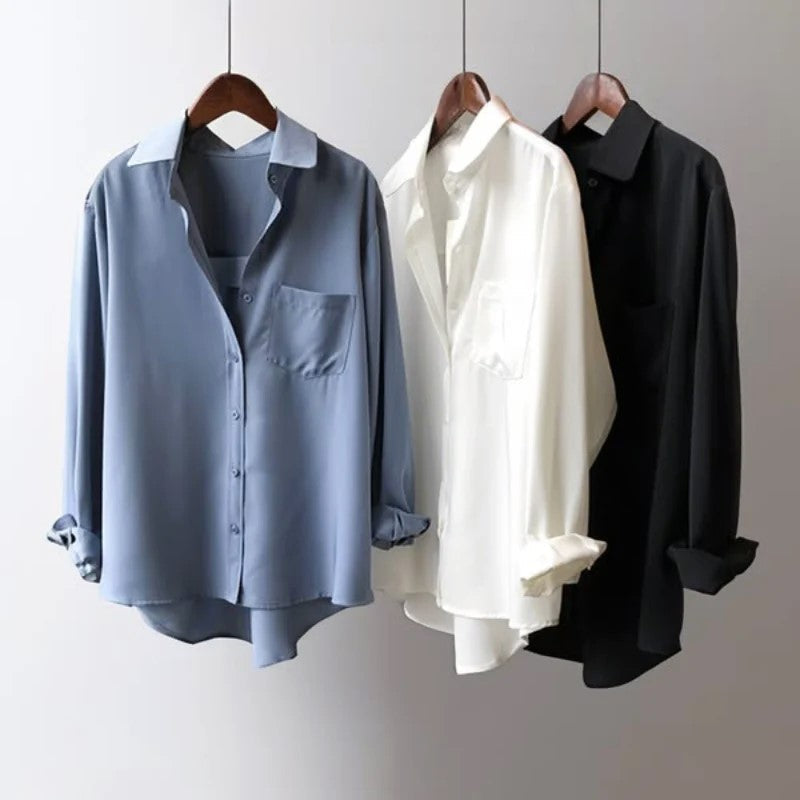 Women’s White Button-Front Blouse Relaxed Fit with Chest Pocket 4