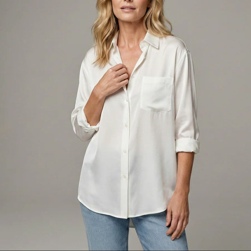 Women’s White Button-Front Blouse Relaxed Fit with Chest Pocket 7