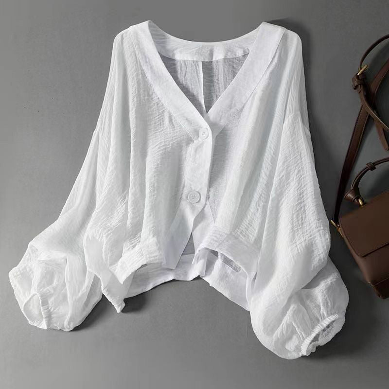 Women’s White Cropped Blouse with Balloon Sleeves Stylish Design 0