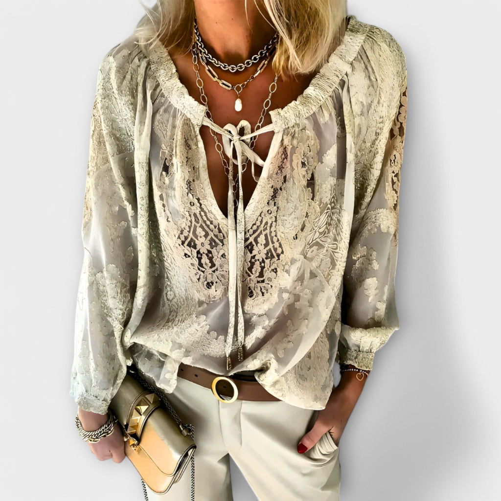 Women’s White Lace Blouse Chic Tie-Neck Design 2