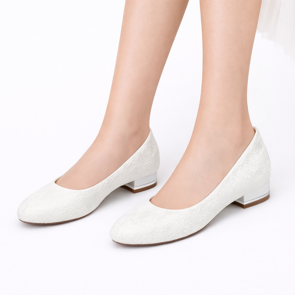 Women’s White Lace Flat Bridal Shoes Elegant Round Toe Design 0