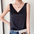 Women’s White Satin Tank Top Elegant V-Neck Relaxed Fit 0