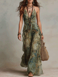 Women’s Wide-Leg Jumpsuit Boho Floral Ruffle Detail 0