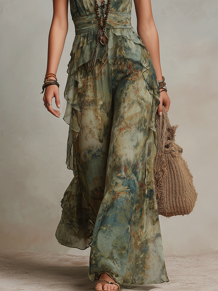 Women’s Wide-Leg Jumpsuit Boho Floral Ruffle Detail 2
