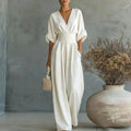 Women’s Wide-Leg Jumpsuit Relaxed Surplice V-Neck Summer Style 0