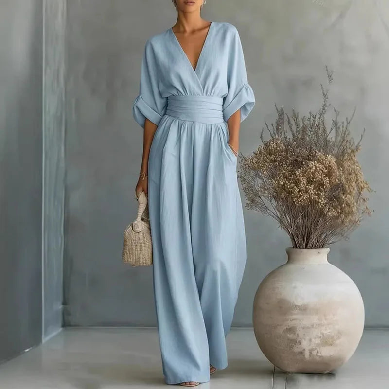Women’s Wide-Leg Jumpsuit Relaxed Surplice V-Neck Summer Style 1