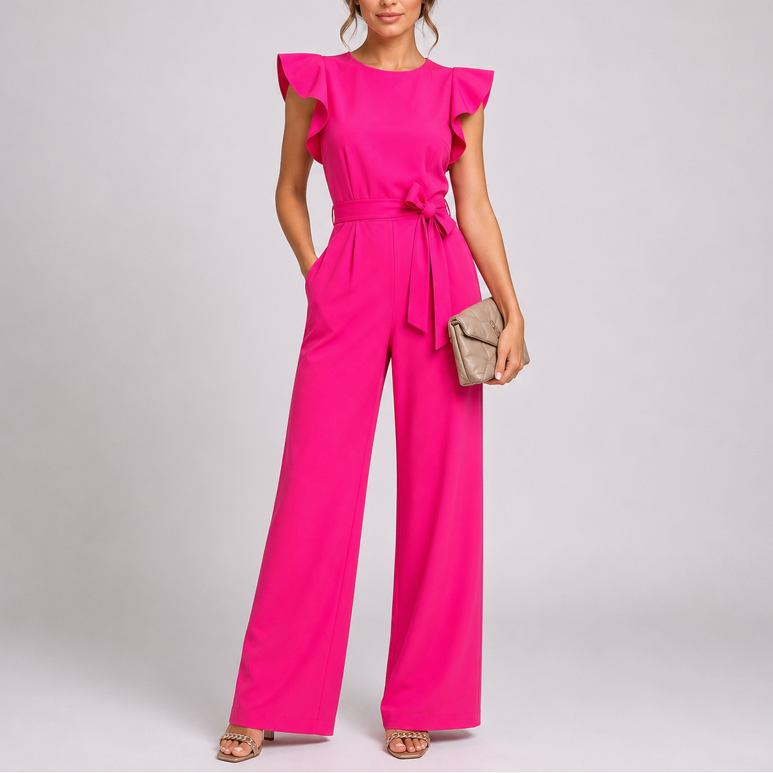 Women’s Wide-Leg Jumpsuit with Ruffle Sleeves and Adjustable Tie Waist 0