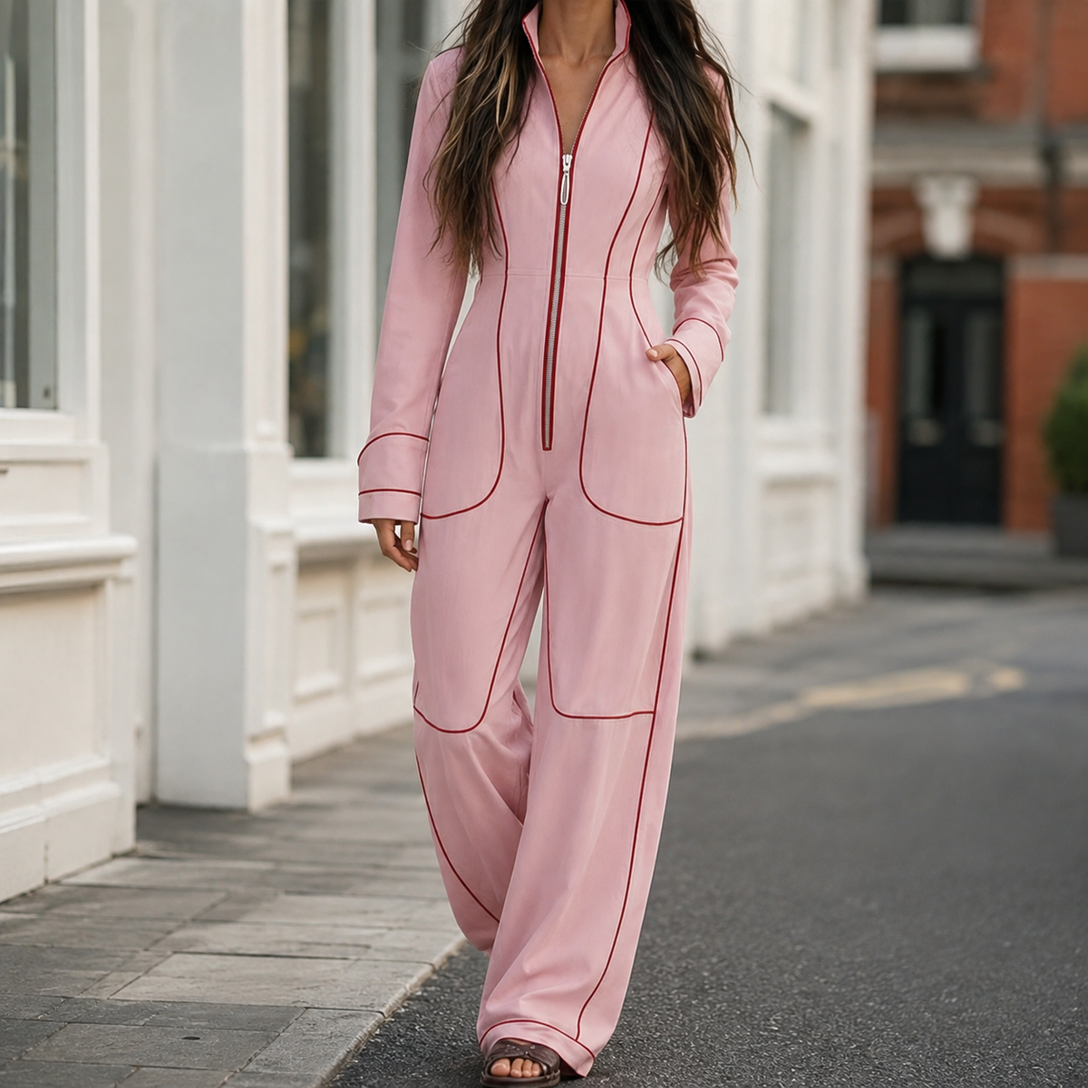 Women’s Wide Leg Jumpsuit Elegant Stand Collar Design 0