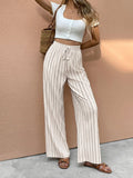 Women’s Wide Leg Linen-Style Pants High-Waist Striped Design 0
