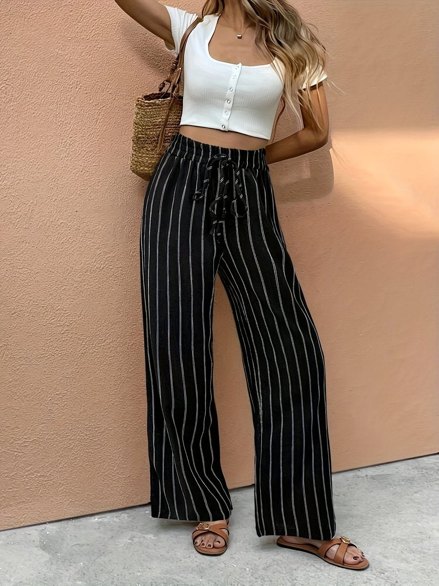 Women’s Wide Leg Linen-Style Pants High-Waist Striped Design 2