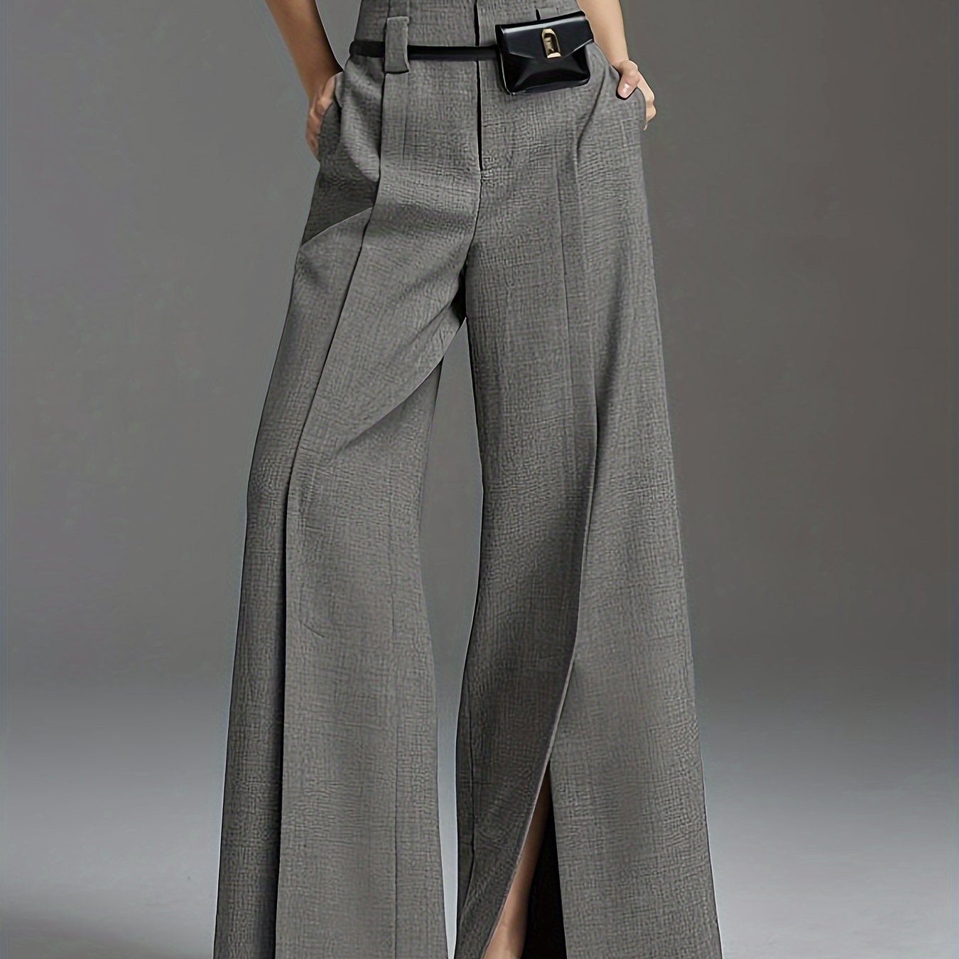 Women’s Wide Leg Trousers with Front Slit Elegant Fit 0