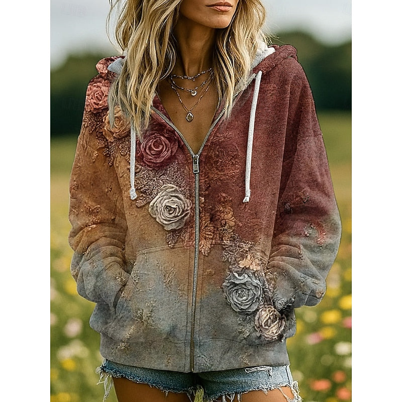 Women’s Zip-Up Hoodie Nature-Inspired Gradient Design 1