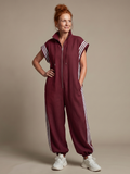 Women’s Zip Front Jumpsuit with Stripe Panels and Wide Sleeves 0