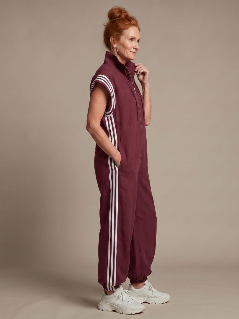 Women’s Zip Front Jumpsuit with Stripe Panels and Wide Sleeves 1