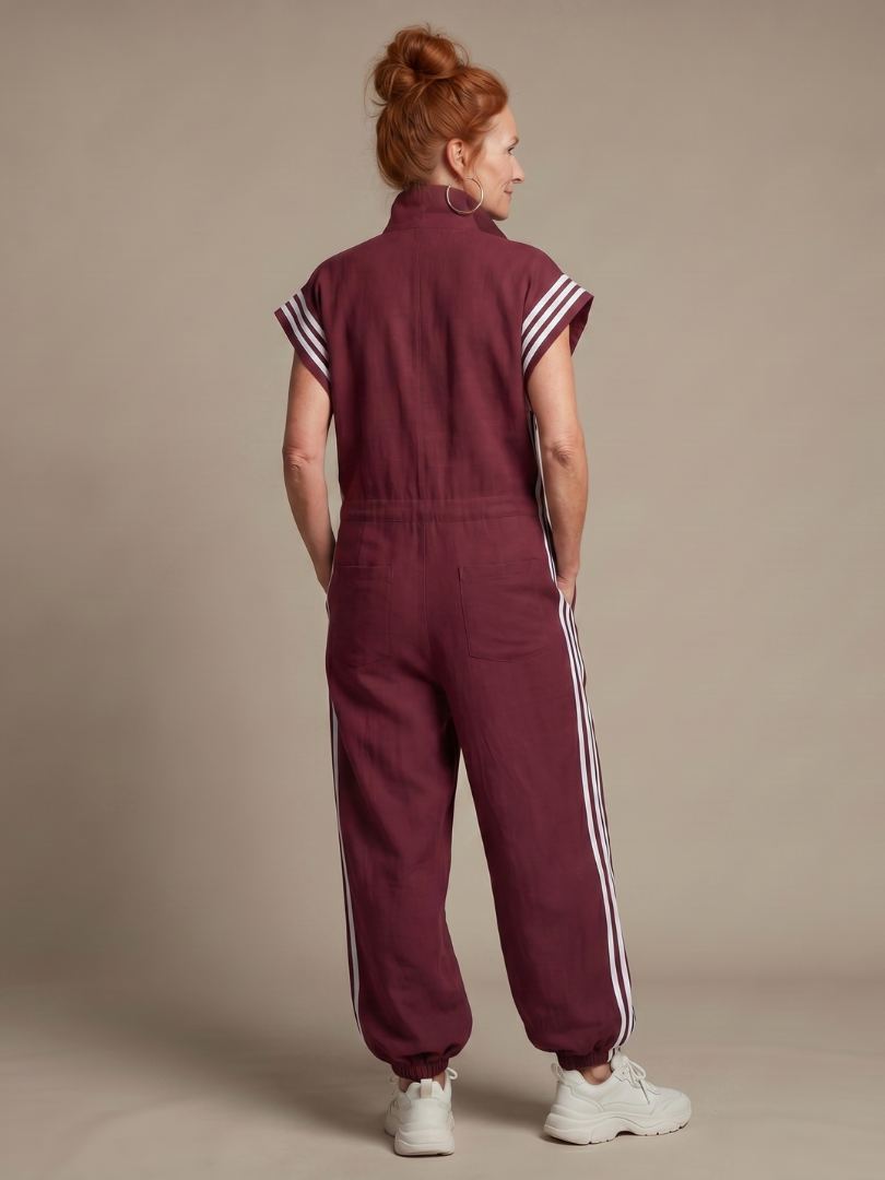 Women’s Zip Front Jumpsuit with Stripe Panels and Wide Sleeves 3